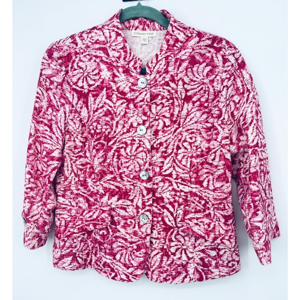 Coldwater Creek Pink White Textured Jacket 10 Artsy Floral Button Front Career